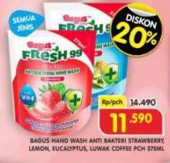 Promo Harga Bagus Fresh 99 Antibacterial Hand Wash Strawberry, Lemon, Eucalyptus, Luwak Coffee 375 ml - Superindo