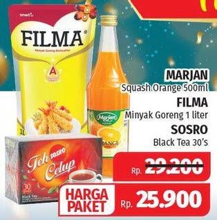 Promo Harga MARJAN Squash Orange 450ml + FILMA Minyak Goreng 1Ltr + SOSRO Black Tea 30 Pcs  - Lotte Grosir