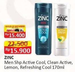 Promo Harga ZINC Shampoo Men Active Cool, Refreshing Cool, Clean Active, Active Fresh Lemon 170 ml - Alfamart