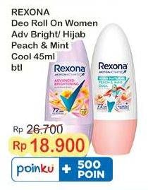 Promo Harga Rexona Deo Roll On Hijab Natural Peach Mint Cool, Advanced Brightening 45 ml - Indomaret