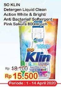 Promo Harga SO KLIN Liquid Detergent + Softergent Soft Sakura, Power Clean Action White Bright 800 ml - Indomaret
