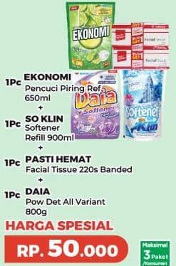 Promo Harga Ekonomi Pencuci Piring + So Klin Softener + Pasti Hemat Facial Tissue (Bdd) + Daia Detergent  - Yogya