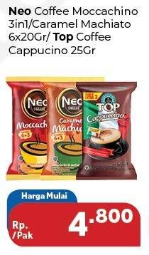 Promo Harga NEO Coffee Moccachino 3in1/Caramel Machiato 6x20g / TOP Coffee Cappucino 25g  - Carrefour