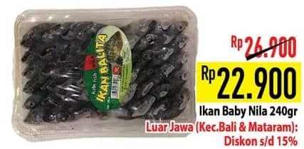 Ikan Nila Baby  Diskon 14%, Harga Promo Rp22.900, Harga Normal Rp26.900, Luar Jawa (Kec. Bali & Mataram) : DIskon s/d 15%