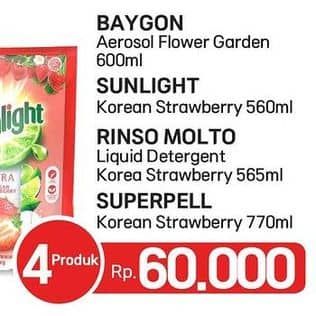 Promo Harga Baygon Insektisida Spray/Sunlight Pencuci Piring/Rinso Liquid Detergent/Super Pell Pembersih Lantai   - LotteMart