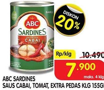 Promo Harga ABC Sardines Saus Cabai, Saus Tomat, Saus Ekstra Pedas 155 gr - Superindo