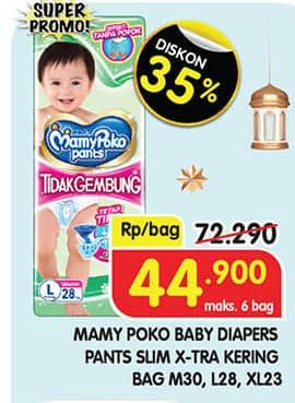 Promo Harga Mamy Poko Pants Xtra Kering Slim Tidak Gembung M30, L28, XL23 23 pcs - Superindo