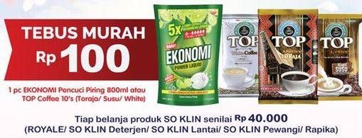 Promo Harga EKONOMI Pencuci Piring Liquid 800ml / TOP COFFEE (Kopi Toraja / Susu / White Coffee) 10s  - Indomaret