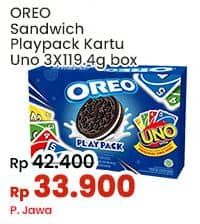 Promo Harga Oreo Biskuit Sandwich Playpack Kartu UNO per 3 pcs 119 gr - Indomaret