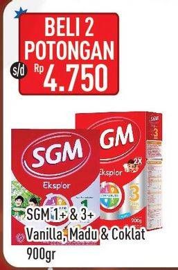 Promo Harga SGM Eksplor 1+/ 3+ Vanilla, Madu, Coklat per 2 box 900 gr - Hypermart