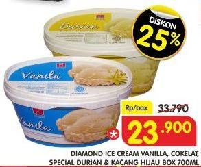 Promo Harga DIAMOND Ice Cream Vanila, Cokelat, Kacang Hijau, Special Durian 700 ml - Superindo