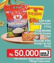 Promo Harga Topi Koki Beras Premium + Cap Poci Teh Celup + Rose Brand Minyak Goreng   - LotteMart