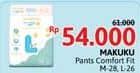 Promo Harga Makuku Comfort Fit Diapers Pants M28, L26 26 pcs - Alfamidi