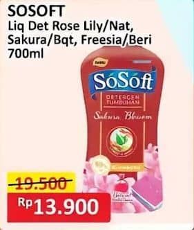 Promo Harga Sosoft Deterjen Cair Kecuali Rose Waterlily, Kecuali Nature Fresh, Kecuali Sakura Blossom, Kecuali Sweet Bouquet, Kecuali Freesia Pear, Kecuali Freesia Pear, Kecuali Floral Berries 700 ml - Alfamart