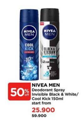 Promo Harga Nivea Men Deo Spray Black White Invisible Fresh, Cool Kick 150 ml - Watsons