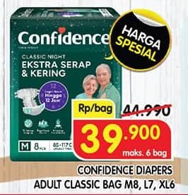 Promo Harga Confidence Adult Classic Night Ekstra Serap & Kering L7, M8, XL6 6 pcs - Superindo