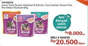 Promo Harga WHISKAS Makanan Kucing Junior Tuna, Mackerel Salmon, Tuna, Ocean Fish, Kitten Mackerel per 3 pouch 85 gr - Alfamidi