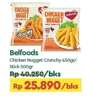 Promo Harga Belfoods Nugget Chicken Nugget Crunchy, Chicken Nugget Stick 500 gr - TIP TOP