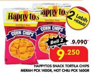 Promo Harga Happy Tos Tortilla Chips Hot Chili, Merah 140 gr - Superindo
