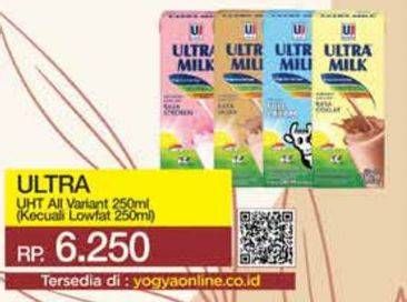 Promo Harga Ultra Milk Susu UHT Kecuali Low Fat Coklat, Kecuali Low Fat Full Cream 250 ml - Yogya