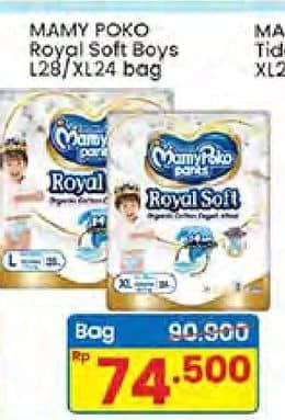 Promo Harga Mamy Poko Pants Royal Soft L28, XL24 24 pcs - Indomaret
