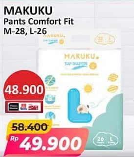 Promo Harga Makuku Comfort Fit Diapers Pants M28, L26 26 pcs - Alfamart