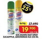 Promo Harga SOS Disinfektan Spray All In One Eucalyptus, Lemongrass 250 ml - Superindo