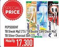 Promo Harga PEPSODENT Sikat Gigi Siwak 2s / Double Care Clean 2s / Silver Charcoal Soft 2s  - Hypermart