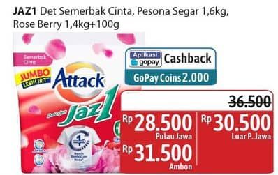 Promo Harga Attack Jaz1 Detergent Powder Semerbak Cinta, +Softener Rose Berry, Pesona Segar 1400 gr - Alfamidi