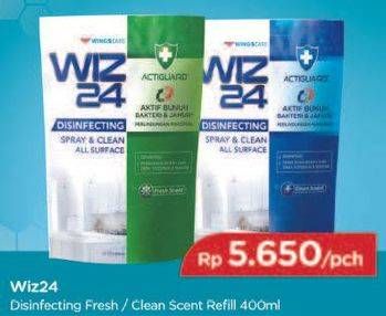 Promo Harga WIZ 24 Disinfecting Spray and Clean All Surface Fresh Scent, Clean 400 ml - TIP TOP