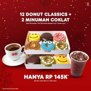 Promo Harga 12 Donut Classics + 2 Minuman Coklat  - Dunkin Donuts