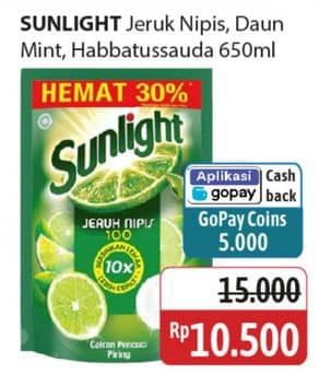 Promo Harga Sunlight Pencuci Piring Jeruk Nipis 100, Anti Bau With Daun Mint, Higienis Plus With Habbatussauda 650 ml - Alfamidi