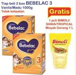 Promo Harga BEBELAC 3 Susu Pertumbuhan Vanila, Madu per 2 box 1000 gr - Indomaret