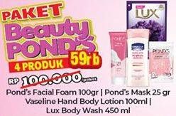 Promo Harga Ponds Facial Foam + Ponds Mask + Vaseline Hand Body Lotion + Lux Body Wash  - Hypermart