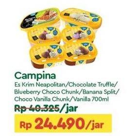 Promo Harga Campina Ice Cream Neapolitan, Chocolate Truffle, Blueberry Choco Chunk, Banana Split, Chocolate Vanilla Choco Chunk, Vanilla 700 ml - TIP TOP