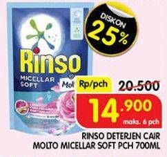 Promo Harga Rinso Liquid Detergent + Molto Micellar Soft 700 ml - Superindo
