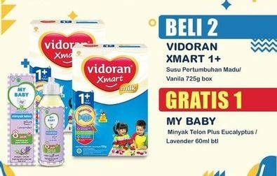 Promo Harga Beli 2 VIDORAN XMART 1+ Madu/Vanila 725g Gratis 1 MY BABY Minyak Telon Plus Eucalyptus/Lavender 60ml  - Indomaret