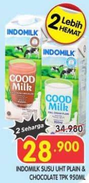 Promo Harga Indomilk Susu UHT Full Cream Plain, Cokelat 950 ml - Superindo