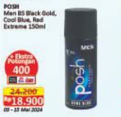 Promo Harga Posh Men Perfumed Body Spray Black Gold, Cool Blue, Red Extreme 150 ml - Alfamart