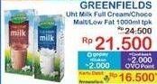 Promo Harga Greenfields UHT Full Cream, Choco Malt, Low Fat 1000 ml - Indomaret