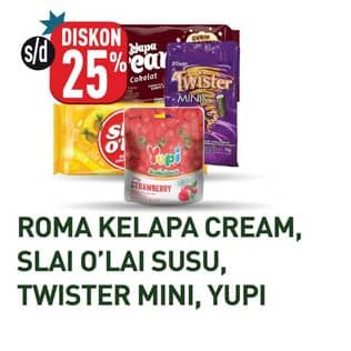 Promo Harga Roma Kelapa Cream/Slai Olai/Twister Minis/Yupi  - Hypermart