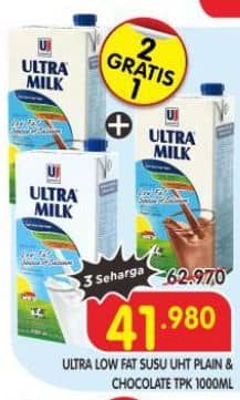 Promo Harga Ultra Milk Susu UHT Low Fat Full Cream, Low Fat Coklat 1000 ml - Superindo