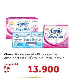 Promo Harga CHARM Pantyliner Long & Wide 40s / Double Fresh 52s  - Carrefour