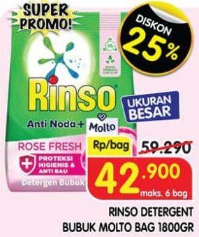 Promo Harga Rinso Anti Noda Deterjen Bubuk + Molto Pink Rose Fresh 1800 gr - Superindo