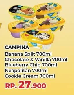 Promo Harga Campina Ice Cream Banana Split, Chocolate Vanilla Choco Chunk, Blueberry Choco Chunk, Neapolitan, Cookie Creamy 700 ml - Yogya