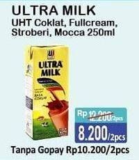 Promo Harga ULTRA MILK Susu UHT Coklat, Full Cream, Strawberry, Mocca per 2 pcs 250 ml - Alfamart