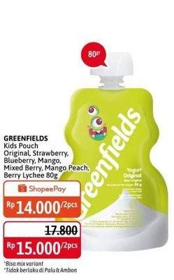 Promo Harga GREENFIELDS Yogurt Squeeze Original, Strawberry, Blueberry, Mango, Mixed Berry, Mango Peach, Raspberry Lychee 80 gr - Alfamidi