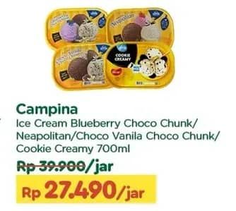 Promo Harga Campina Ice Cream Blueberry Choco Chunk, Neapolitan, Chocolate Vanilla Choco Chunk, Cookie Creamy 700 ml - TIP TOP