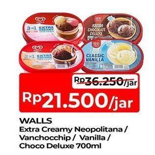 Promo Harga Walls Ice Cream Neopolitana, Chocolate Vanilla With Chocolate Chip, Classic Vanilla, Chocolate Deluxe 700 ml - TIP TOP