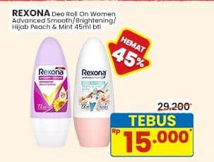 Promo Harga Rexona Deo Roll On Advanced Brightening, Advanced Smooth, Hijab Natural Peach Mint Cool 45 ml - Indomaret
